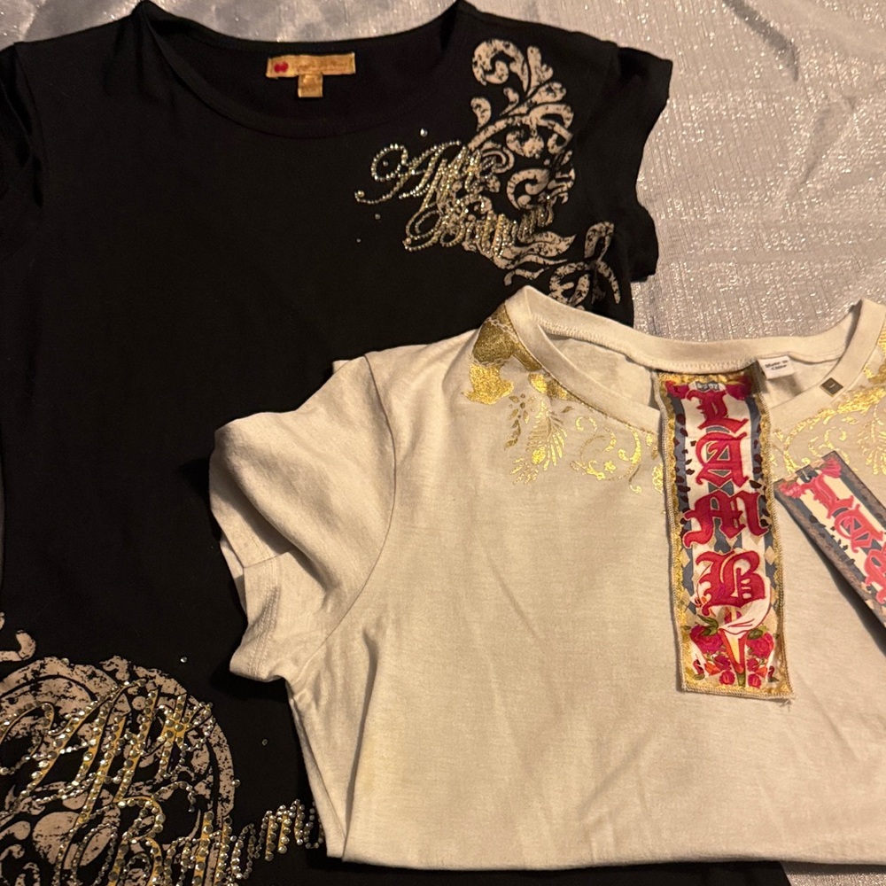 L.A.M.B. Black and White Tees with Gold Accents. Apple Bottom is black T
